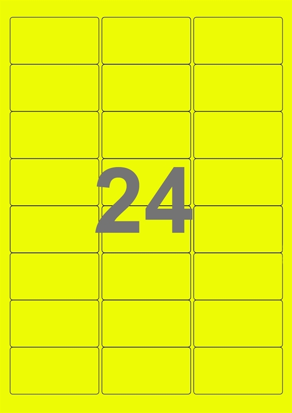 A4-etiketter, 24 stansade etiketter/ark, 64,0 x 33,9 mm, gul neon, 100 ark