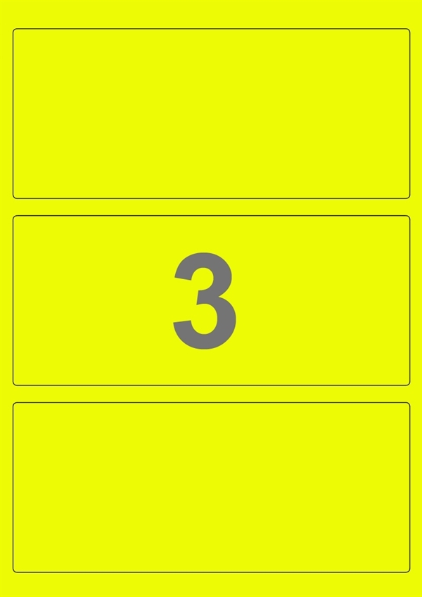 A4-etiketter, 3 stansade etiketter/ark, 198,0 x 85,0 mm, gul neon, 100 ark