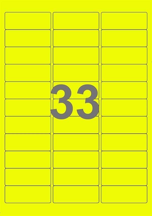 A4-etiketter, 33 stansade etiketter/ark, 64,0 x 24,3 mm, gul neon, 100 ark