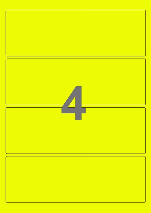 A4-etiketter, 4 stansade etiketter/ark, 195,0 x 65,0 mm, gul neon, 100 ark