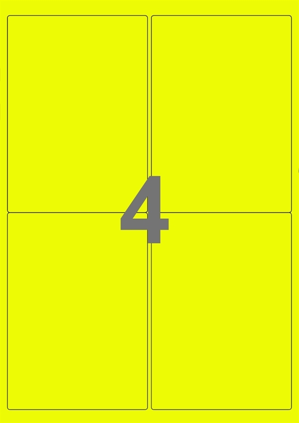 A4-etiketter, 4 stansade etiketter/ark, 99,1 x 139,0 mm, gul neon, 100 ark