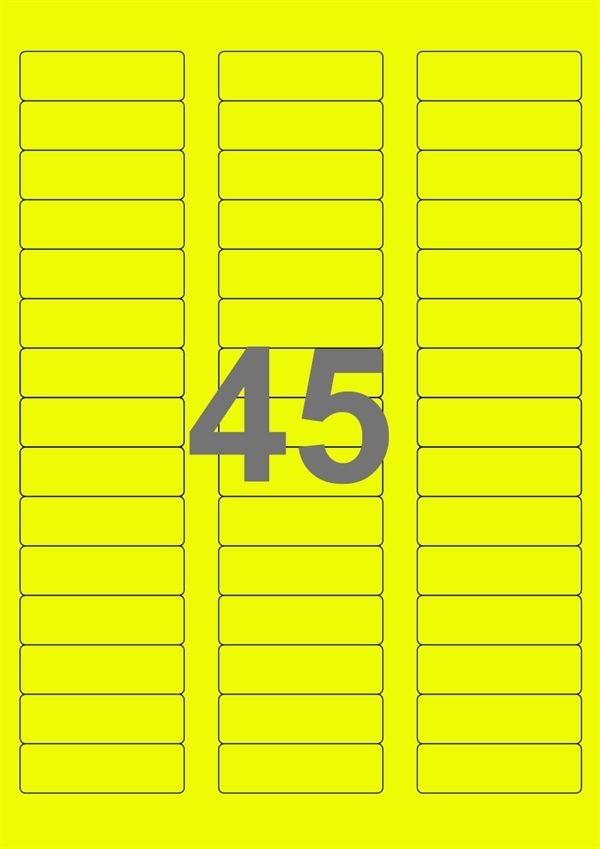 A4-etiketter, 45 stansade etiketter/ark, 58,0 x 17,8 mm, gul neon, 100 ark