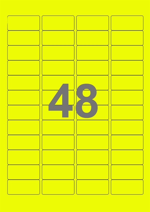 A4-etiketter, 48 stansade etiketter/ark, 45,7 x 21,2 mm, gul neon, 100 ark