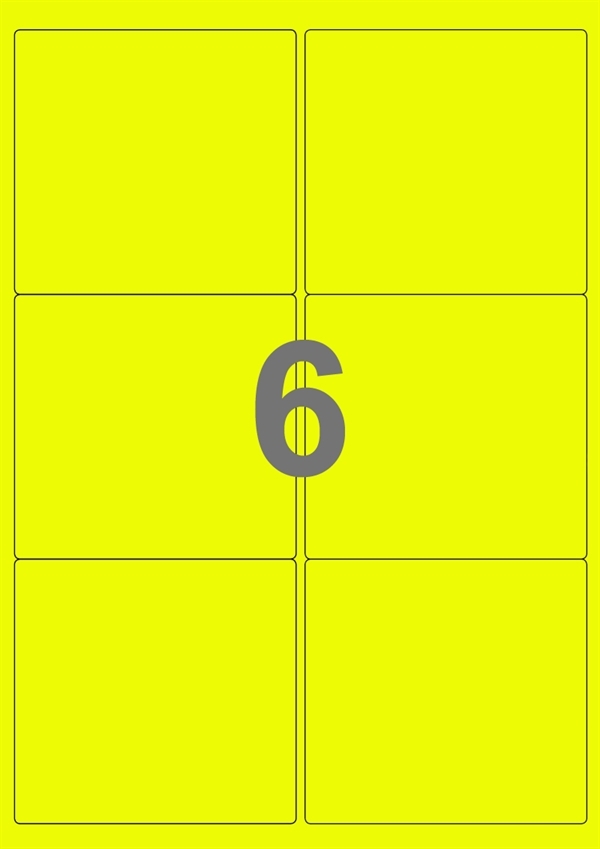 A4-etiketter, 6 stansade etiketter/ark, 99,1 x 93,1 mm, gul neon, 100 ark