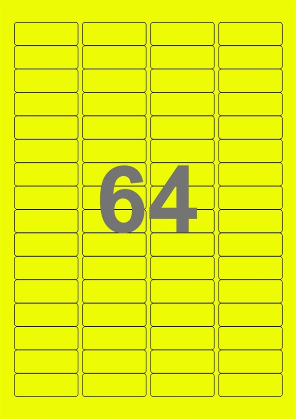 A4-etiketter, 64 stansade etiketter/ark, 45,7 x 16,9 mm, gul neon, 100 ark