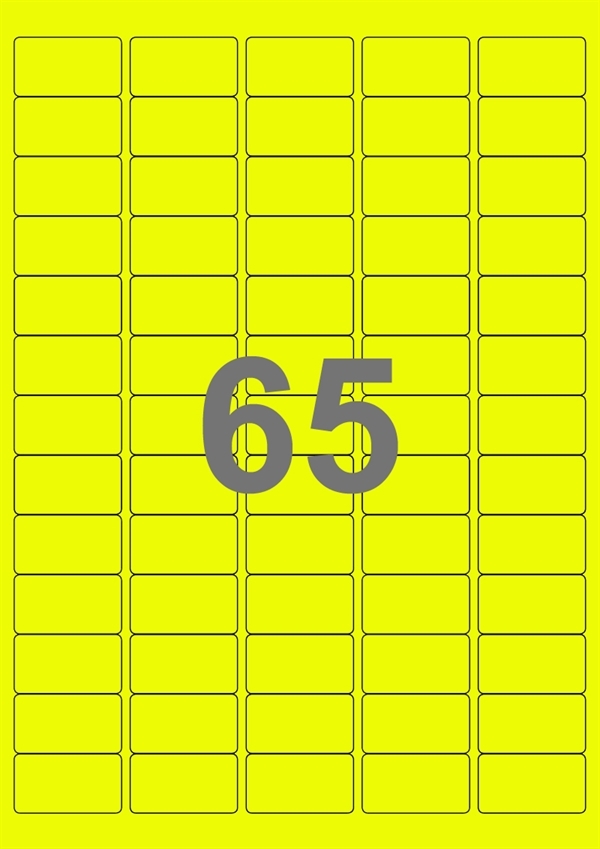 A4-etiketter, 65 stansade etiketter/ark, 38,1 x 21,2 mm, gul neon, 100 ark