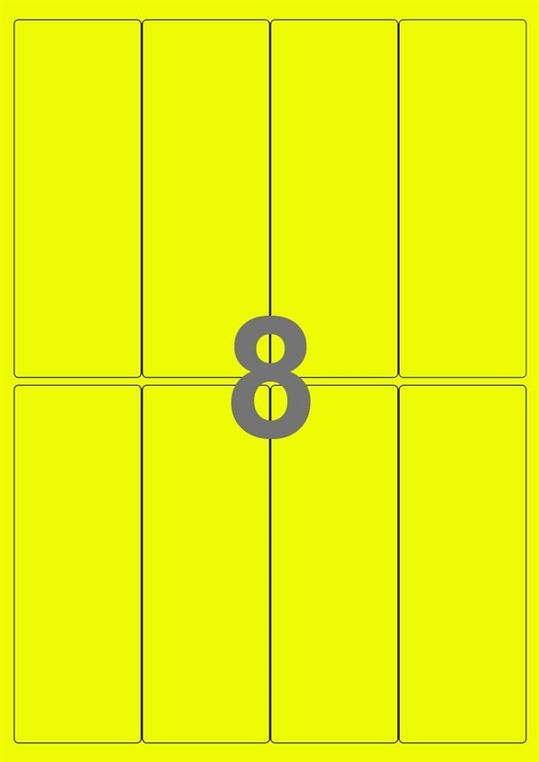 A4-etiketter, 8 stansade etiketter/ark, 50,0 x 140,0 mm, gul neon, 100 ark