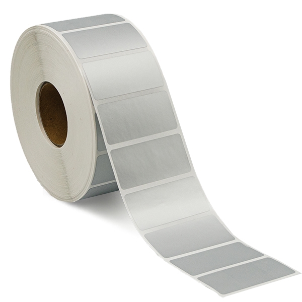 Silver polyester etiketter, på rulle, 50x25 mm