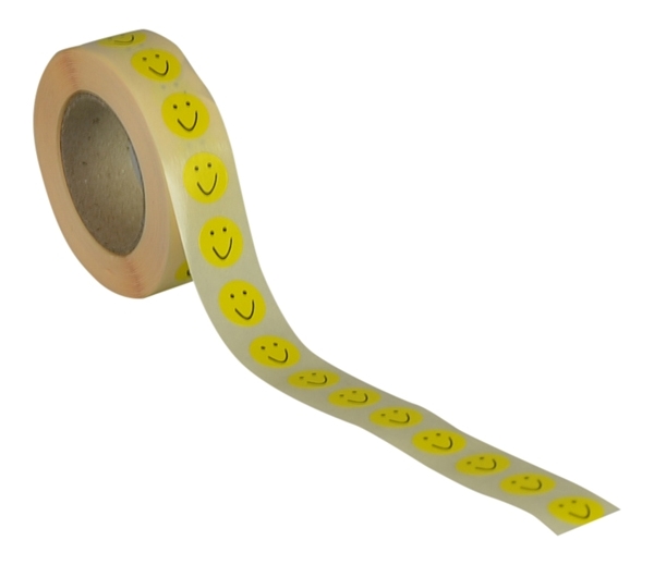 Liten Smiley etikett, gul, Ø13 mm. 1.000 etiketter/rulle