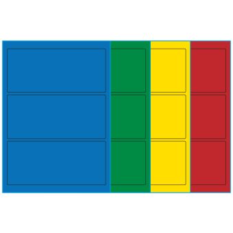 A4-etiketter, 3 stansade etiketter/ark, 198,0 x 85,0 mm, (blå, grön, gul eller röd) 100 ark - Etiketter på A-4 ark, färgade