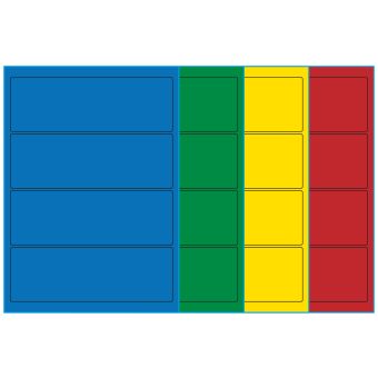 A4-etiketter, 4 stansade etiketter/ark, 195,0 x 65,0 mm, (blå, grön, gul eller röd) 100 ark - Etiketter på A-4 ark, färgade