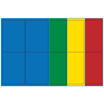 A4-etiketter, 4 stansade etiketter/ark, 99,1 x 139,0  mm, (blå, grön, gul eller röd) 100 ark - Etiketter på A-4 ark, färgade