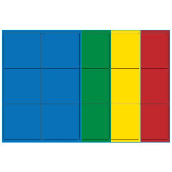 A4-etiketter, 6 stansade etiketter/ark, 99,1 x 93,1  mm, (blå, grön, gul eller röd) 100 ark - Etiketter på A-4 ark, färgade