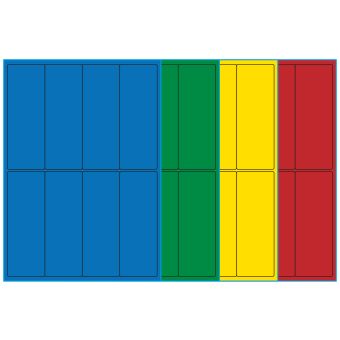 A4-etiketter, 8 stansade etiketter/ark, 50,0 x 140,0  mm, (blå, grön, gul eller röd) 100 ark - Etiketter på A-4 ark, färgade