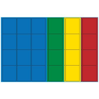 A4-etiketter, 12 stansade etiketter/ark, 63,5 x 72,0  mm, (blå, grön, gul eller röd) 100 ark - Etiketter på A-4 ark, färgade