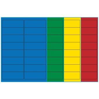 A4-etiketter, 16 stansade etiketter/ark, 99,1 x 33,9 mm, (blå, grön, gul eller röd) 100 ark - Etiketter på A-4 ark, färgade