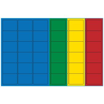 A4-etiketter, 18 stansade etiketter/ark, 63,5 x 46,6 mm, (blå, grön, gul eller röd) 100 ark - Etiketter på A-4 ark, färgade