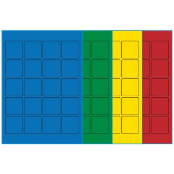 A4-etiketter, 20 stansade etiketter/ark, 45,0 x 45,0 mm, (blå, grön, gul eller röd) 100 ark - Etiketter på A-4 ark, färgade