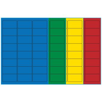 A4-etiketter, 24 stansade etiketter/ark, 64,0 x 33,9 mm, (blå, grön, gul eller röd) 100 ark - Etiketter på A-4 ark, färgade