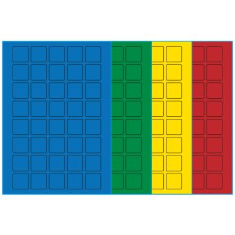 A4-etiketter, 40 stansade etiketter/ark, 30,0 x 30,0 mm, (blå, grön, gul eller röd) 100 ark - Etiketter på A-4 ark, färgade