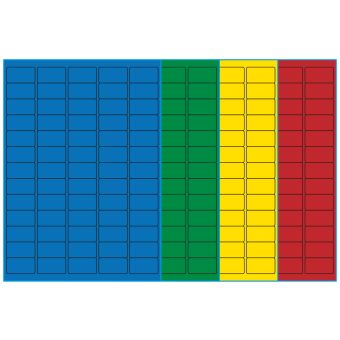 A4-etiketter, 65 stansade etiketter/ark, 38,1 x 21,2 mm, (blå, grön, gul eller röd) 100 ark - Etiketter på A-4 ark, färgade