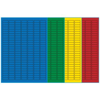 A4-etiketter, 189 stansade etiketter/ark, 25,4 x 10,0 mm, (blå, grön, gul eller röd) 100 ark - Etiketter på A-4 ark, färgade