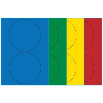 A4-etiketter, 2 stansade etiketter/ark, Ø140 mm, (blå, grön, gul eller röd) 100 ark - Etiketter på A-4 ark, färgade
