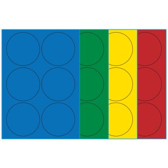 A4-etiketter, 6 stansade etiketter/ark, Ø90  mm, (blå, grön, gul eller röd) 100 ark - Etiketter på A-4 ark, färgade