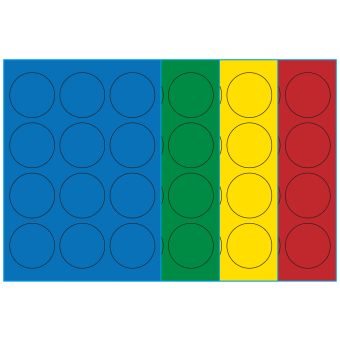 A4-etiketter, 12 stansade etiketter/ark, Ø60,0  mm, (blå, grön, gul eller röd) 100 ark - Etiketter på A-4 ark, färgade