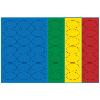 A4-etiketter, ovale, 21 stansade etiketter/ark, 60,0 x 35,0 mm, (blå, grön, gul eller röd) 100 ark - Etiketter på A-4 ark, färgade