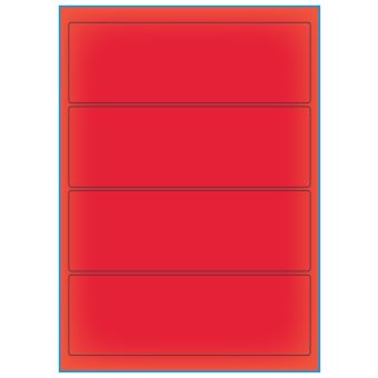 A4-etiketter, 4 stansade etiketter/ark, 195,0 x 65,0 mm, röd neon, 100 ark - Etiketter på A-4 ark, röd neon