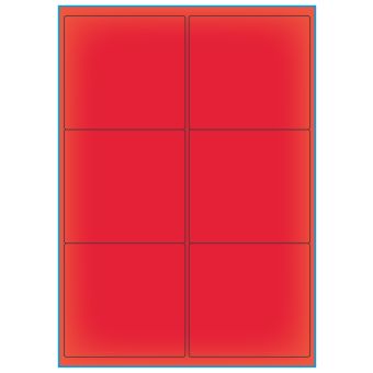 A4-etiketter, 6 stansade etiketter/ark, 99,1 x 93,1 mm, röd neon, 100 ark - Etiketter på A-4 ark, röd neon