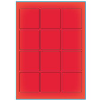 A4-etiketter, 12 stansade etiketter/ark, 60,0 x 60,0 mm, röd neon, 100 ark - Etiketter på A-4 ark, röd neon