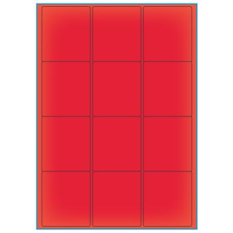 A4-etiketter, 12 stansade etiketter/ark, 63,5 x 72,0 mm, röd neon, 100 ark - Etiketter på A-4 ark, röd neon