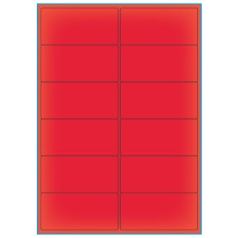 A4-etiketter, 12 stansade etiketter/ark, 99,1 x 47,5 mm, röd neon, 100 ark - Etiketter på A-4 ark, röd neon