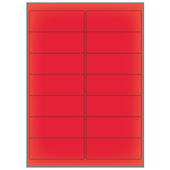 A4-etiketter, 14 stansade etiketter/ark, 99,1 x 38,1 mm, röd neon, 100 ark - Etiketter på A-4 ark, röd neon