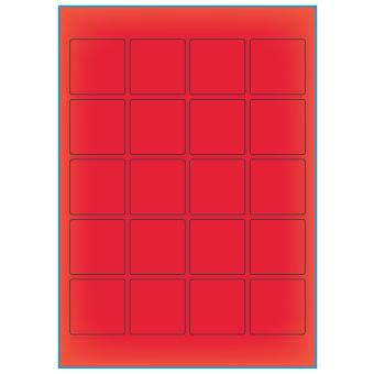 A4-etiketter, 20 stansade etiketter/ark, 45,0 x 45,0 mm, röd neon, 100 ark - Etiketter på A-4 ark, röd neon