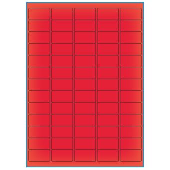 A4-etiketter, 65 stansade etiketter/ark, 38,1 x 21,2 mm, röd neon, 100 ark - Etiketter på A-4 ark, röd neon