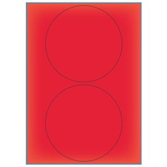 A4-etiketter, 2 stansade etiketter/ark, Ø140 mm, röd neon, 100 ark - Etiketter på A-4 ark, röd neon