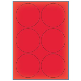 A4-etiketter, 6 stansade etiketter/ark, Ø90 mm, röd neon, 100 ark - Etiketter på A-4 ark, röd neon