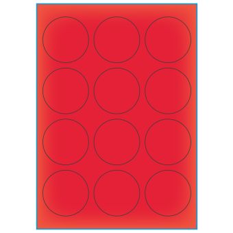 A4-etiketter, 12 stansade etiketter/ark, Ø60,0 mm, röd neon, 100 ark - Etiketter på A-4 ark, röd neon