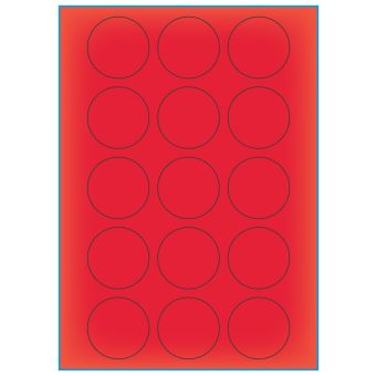 A4-etiketter, 15 stansade etiketter/ark, Ø50 mm, röd neon, 100 ark - Etiketter på A-4 ark, röd neon