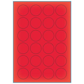 A4-etiketter, 24 stansade etiketter/ark, Ø40,0 mm, röd neon, 100 ark - Etiketter på A-4 ark, röd neon