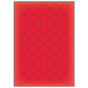 A4-etiketter, 40 stansade etiketter/ark, Ø30 mm, röd neon, 100 ark - Etiketter på A-4 ark, röd neon