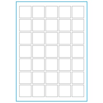 A4-35 kvad., 35 Stansade etiketter/ark, 35,0 x 35,0 mm, vit matt, 100 ark - Etiketter på A-4 ark, vit matt