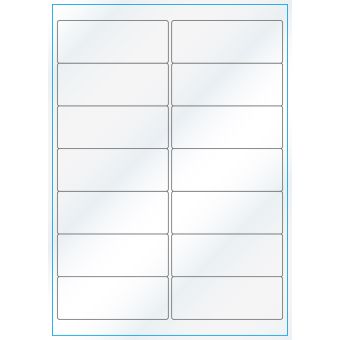 A4-14, Gloss, 14 stansade etiketter/ark, 99,1 x 38,1 mm, vit/gloss, 100 ark - Etiketter på A-4 ark, vit blank
