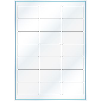 A4-21, Gloss, 21 stansade etiketter/ark, 63,5 x 38,1 mm, vit/gloss, 100 ark - Etiketter på A-4 ark, vit blank