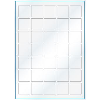 A4-35 kvad., Gloss, 35 stansade etiketter/ark, 35,0 x 35,0 mm, vit/gloss, 100 ark - Etiketter på A-4 ark, vit blank