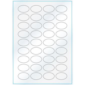 A4-36 ovala, Gloss, 36 stansade etiketter/ark, 40,0 x 25,0 mm, vit/gloss, 100 ark - Etiketter på A-4 ark, vit blank