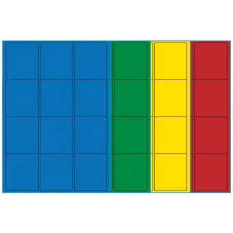 A4-etiketter, 12 stansade etiketter/ark, 63,5 x 72,0 mm, (blå, grön, gul eller röd) 100 ark - Etiketter på A-4 ark, färgade